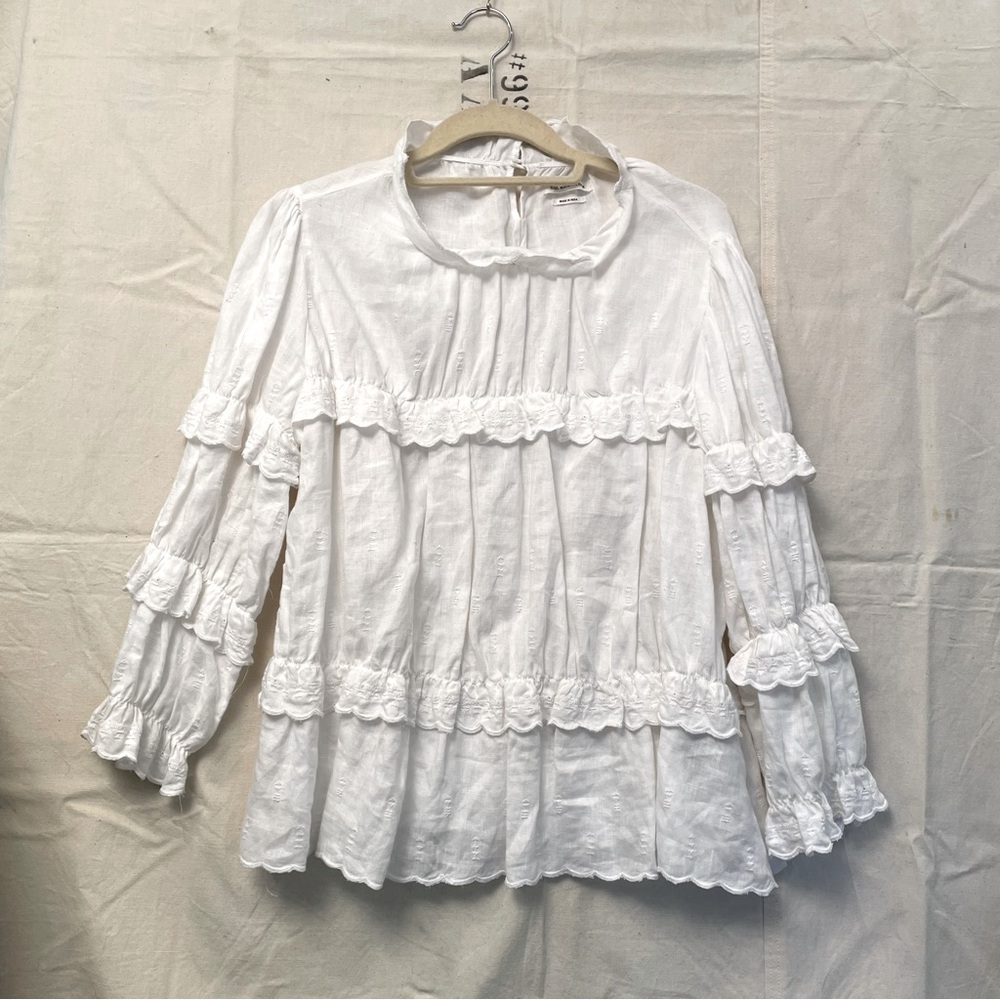 Women’s Isabel Marant White Linen Ruffled 3/4 Sleeve Blouse Small/38